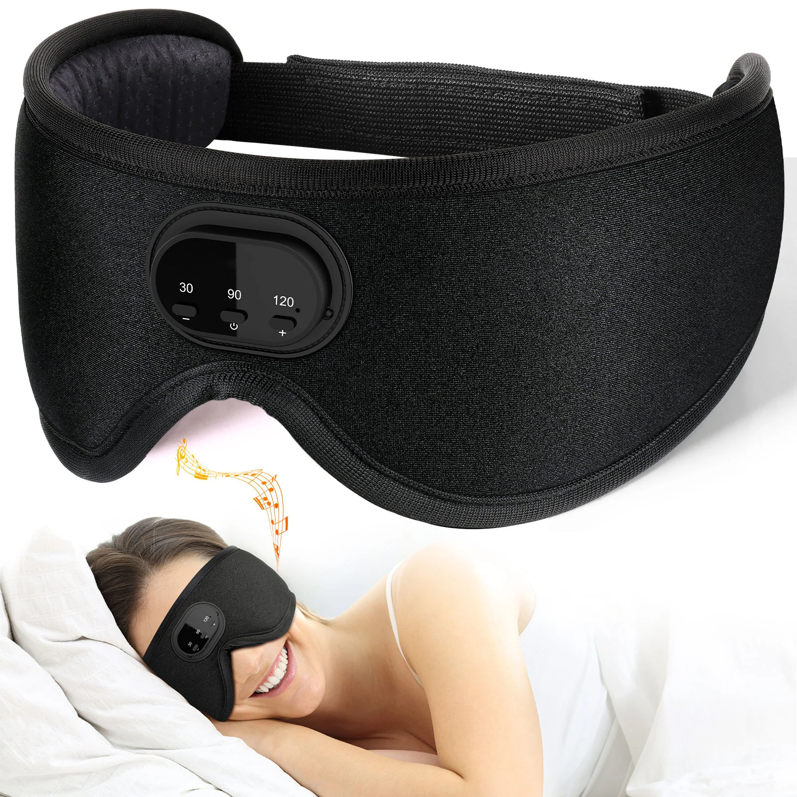 Zwart Bluetooth-slaapmasker, met daaronder een vrouw die er glimlachend mee in bed ligt